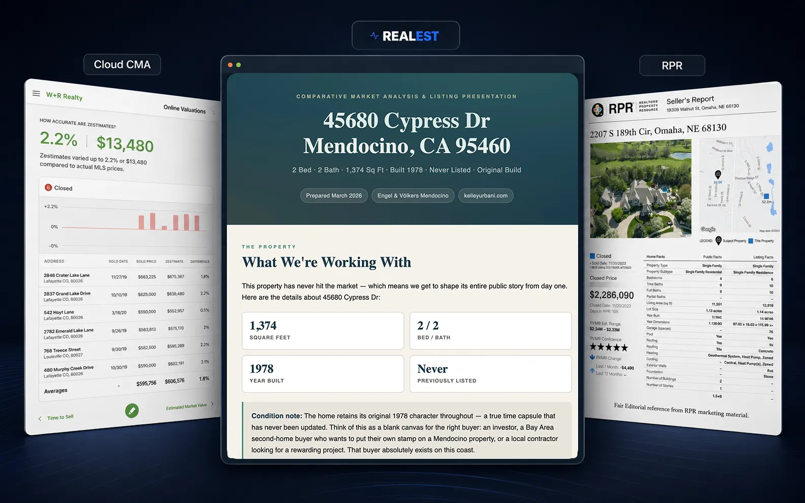 Side-by-side comparison of Cloud CMA, RPR, and Realest CMA outputs for a Mendocino test address.