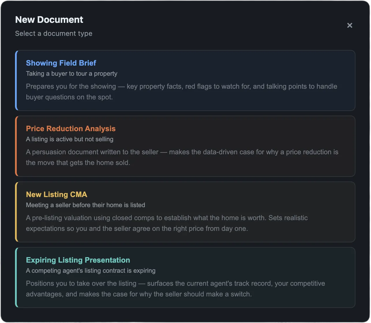 Realest document type selector showing CMA, listing presentation, showing brief, and price reduction analysis options.