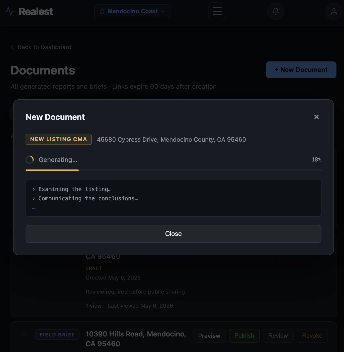 Realest research progress screen showing an AI document workflow collecting property and market context.